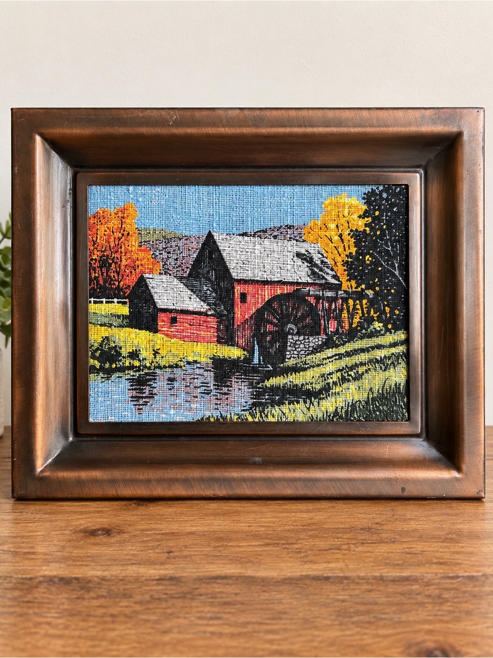 Vintage Coppercraft Guild Autumn Mill Linen Print Copper Frame 11x9